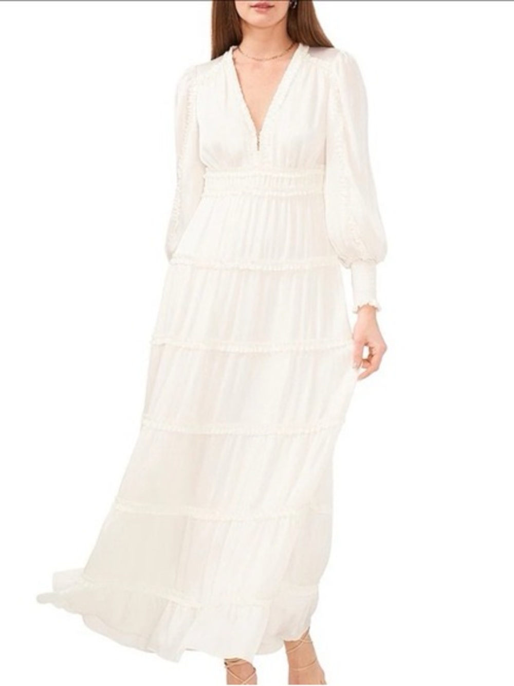Elegant Cream Long Sleeve V-Neck Maxi Dress